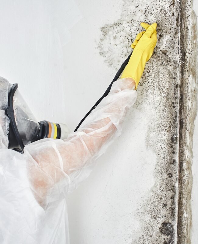 Professional Disinfector in Overalls Treating Walls for Mold Remediation in a Charlotte, NC Home.